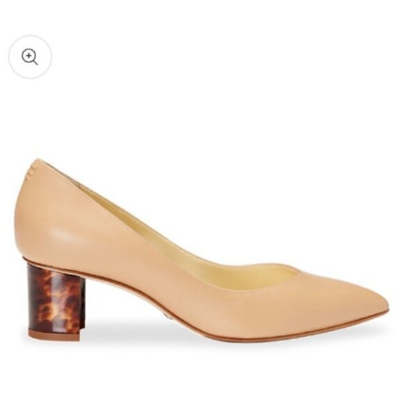Sarah Flint Beige Leather Block Heel Pumps 39.5 Tortoise Heel Pointed Toe Italy - Picture 1 of 16